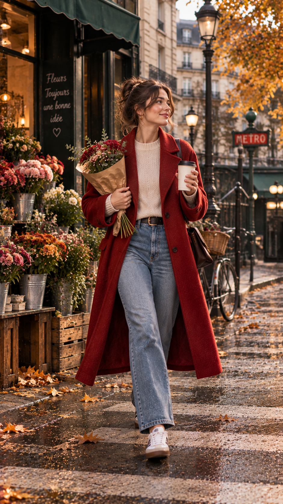 Autumn outfit with colorful coat, simple jeans, knit sweater and boots